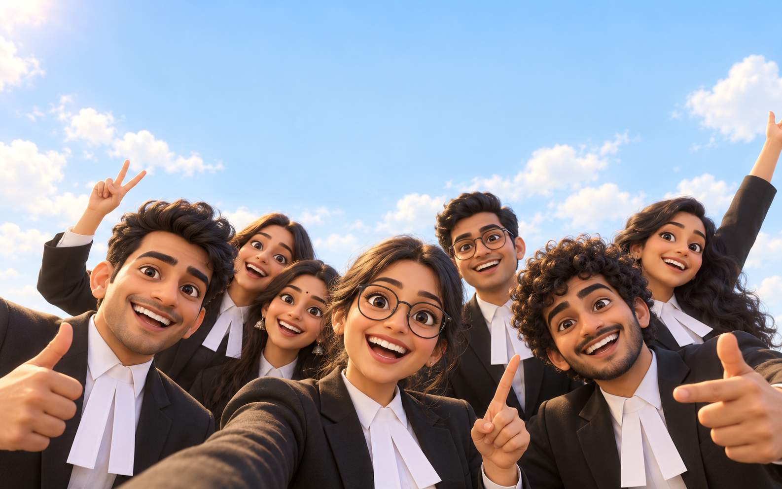 A joyful group of young lawyers in black advocate coats under a blue sky
